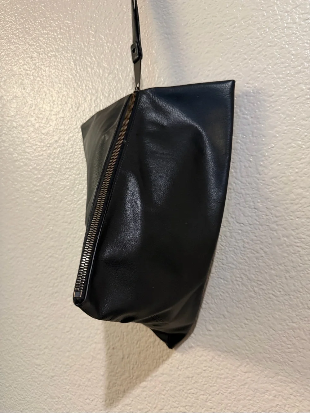 BOTTEGA VENETA Black Triangle Zip Closure Silver Hardware Crossbody Bag